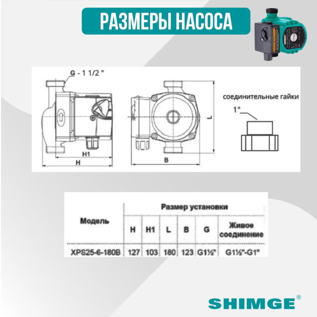 Размеры насоса SHIMGE XPS 25-6-180B Размеры насоса SHIMGE XPS 25-6-180B