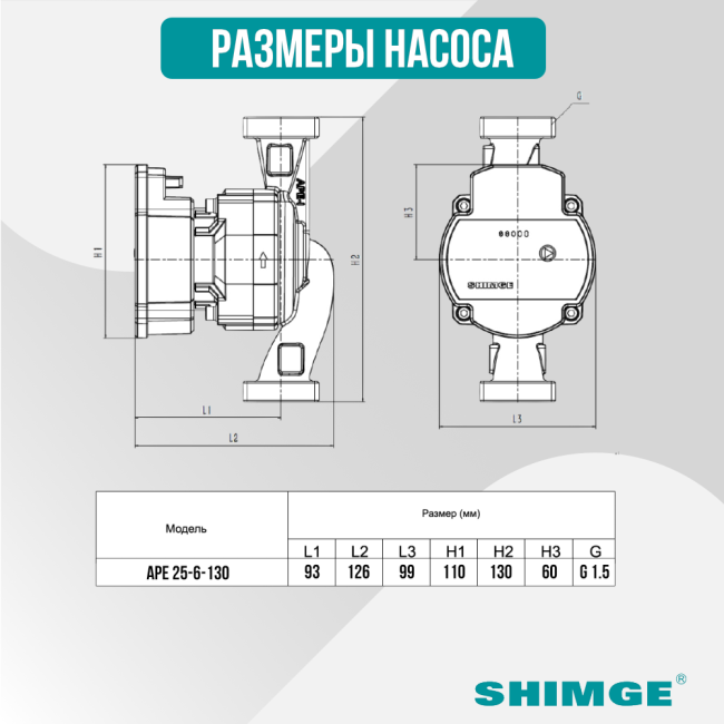 Размеры насоса SHIMGE APE 25-6-130