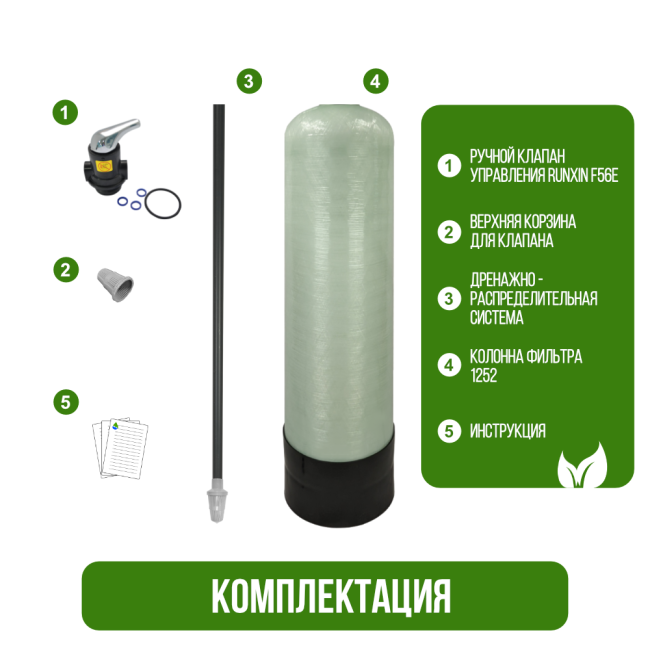 Комплектация фильтра обезжелезивания, сорбции воды Runxin 1252/F56E